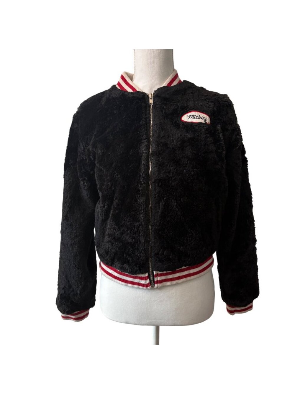 Disney Mickey Mouse Faux Fur Bomber Y2K Nostalgic Jacket Black & Red Womens Sz S